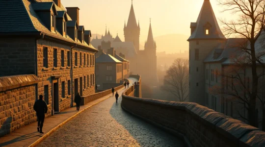 Vue cinématique du Vieux-Québec montrant les remparts en pierre, les rues pavées, l'architecture historique européenne et une atmosphère magique sous la lumière dorée.
