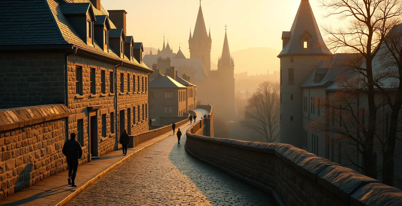 Vue cinématique du Vieux-Québec montrant les remparts en pierre, les rues pavées, l'architecture historique européenne et une atmosphère magique sous la lumière dorée.