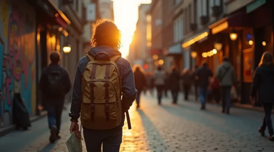 Une personne marchant dans une rue pavée du Vieux-Montréal, entourée de bâtiments historiques, explorant la ville avec curiosité et authenticité.