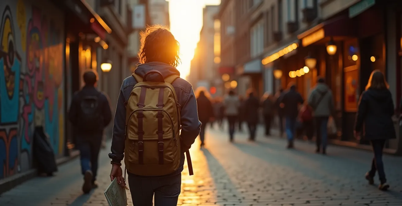 Une personne marchant dans une rue pavée du Vieux-Montréal, entourée de bâtiments historiques, explorant la ville avec curiosité et authenticité.
