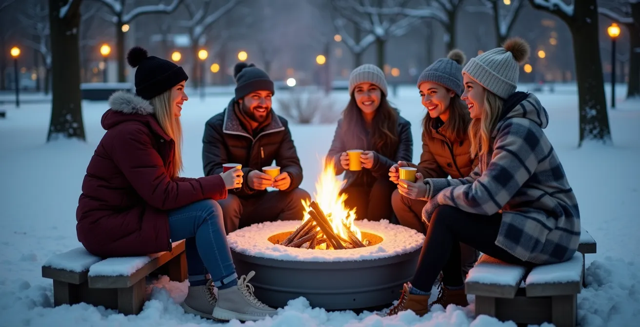 Groupe d'amis partageant un moment chaleureux autour d'un feu en hiver