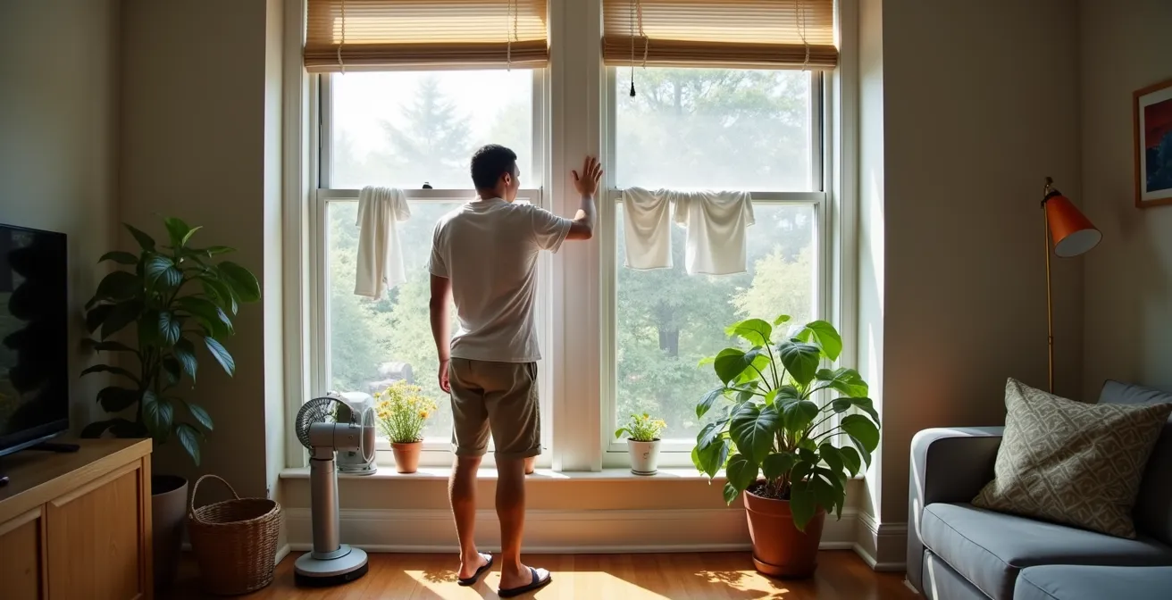 Intérieur d'appartement montréalais avec fenêtres ouvertes créant une ventilation croisée et des plantes vertes