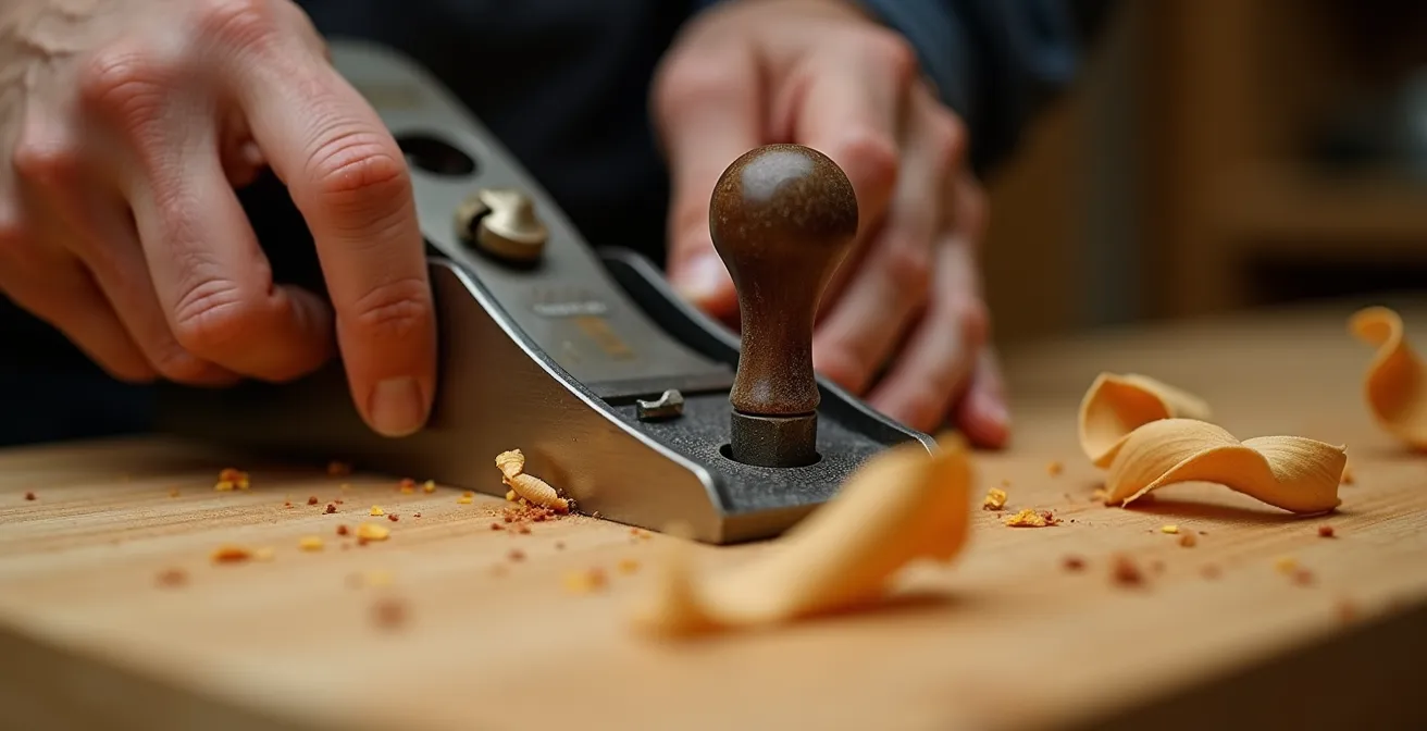 Très gros plan sur les mains d'un luthier travaillant le bois d'un violon avec des outils traditionnels