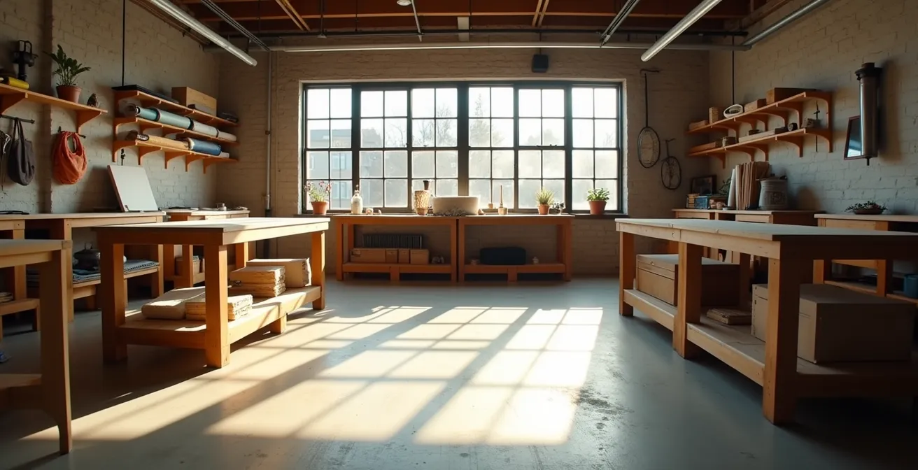 Vue d'ensemble d'un atelier d'artisan dans le Mile End montréalais montrant l'espace de travail et les outils