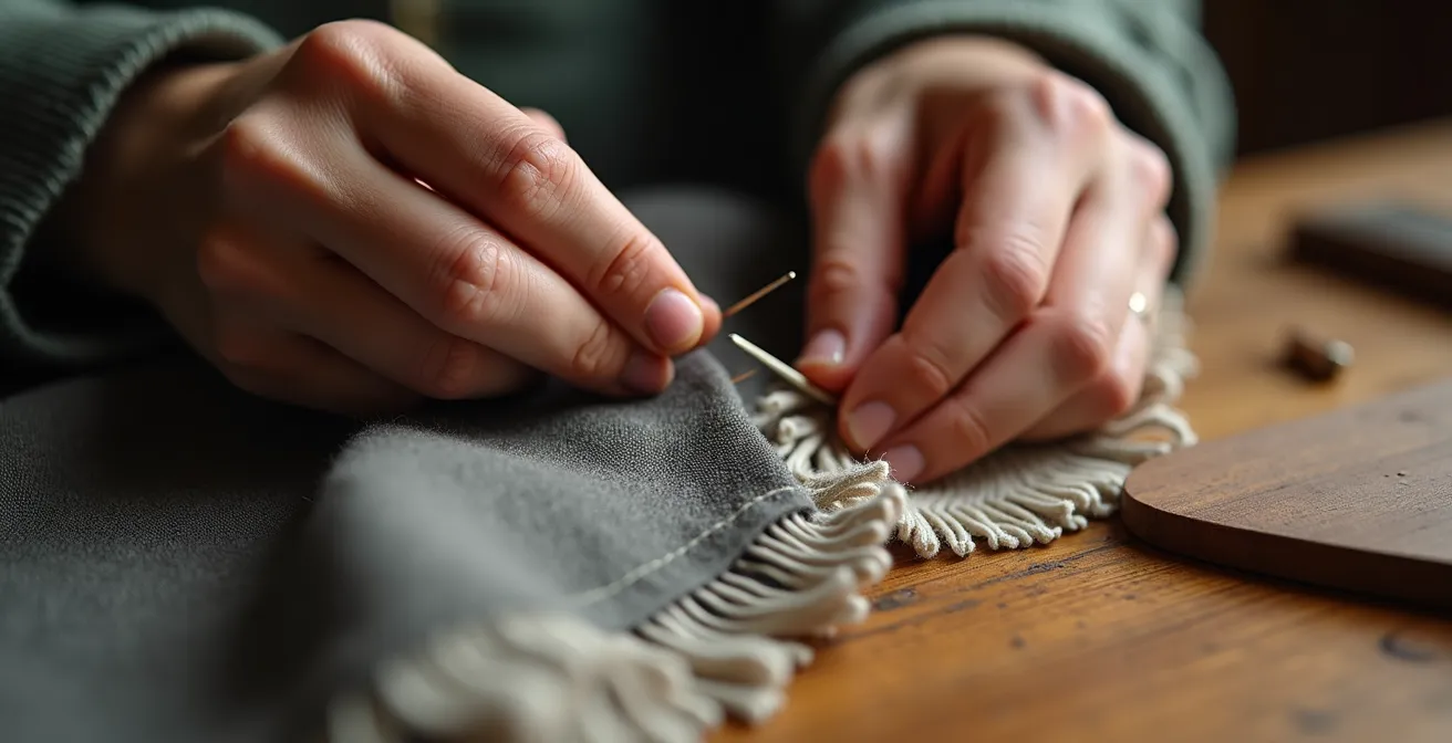 Artisan réparant un vêtement dans un atelier de couture montréalais avec des tissus durables