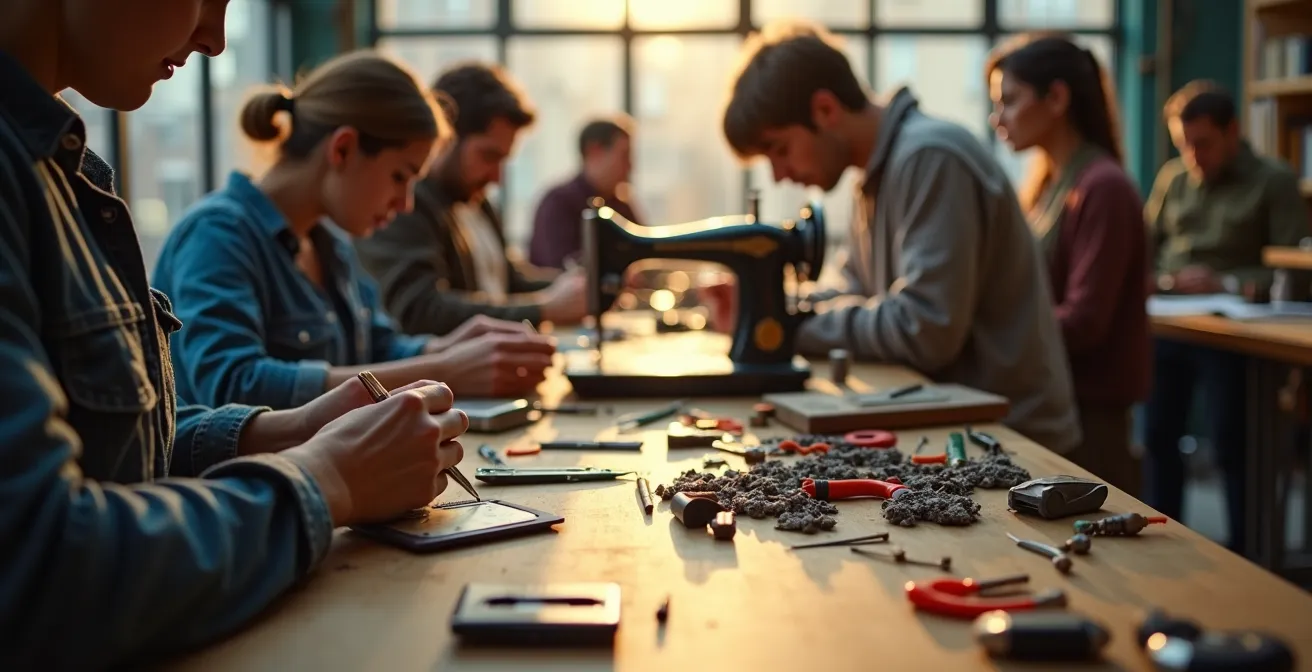Atelier de réparation communautaire à Montréal avec artisans travaillant sur divers objets électroniques et textiles