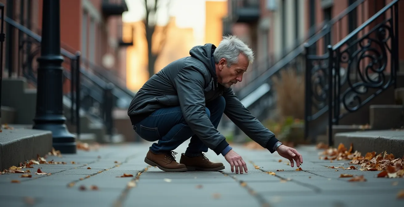 Personne évaluant la qualité d'un trottoir dans une rue résidentielle de Montréal