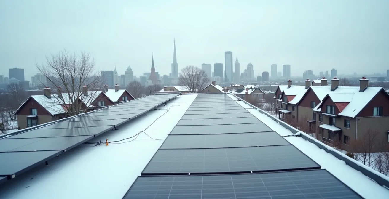 Vue panoramique de panneaux solaires sur un toit de triplex montréalais en hiver