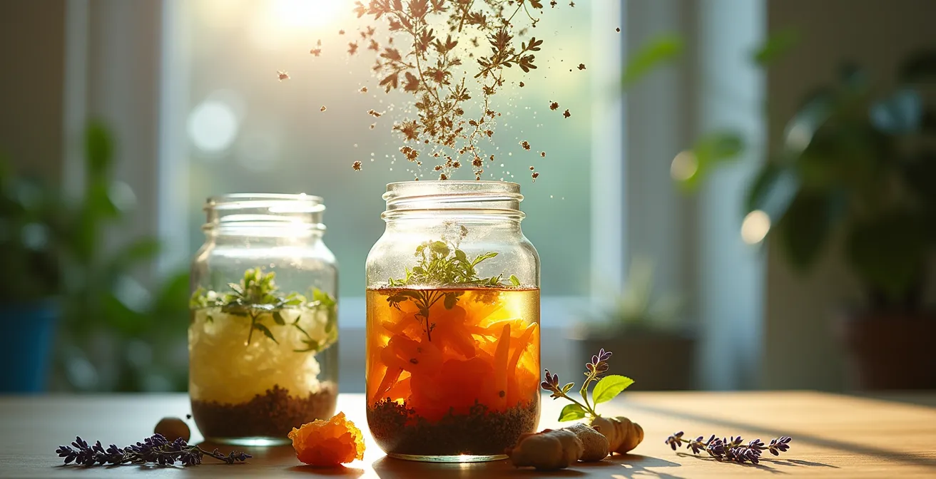 Représentation symbolique de la connexion entre l'intestin et le cerveau avec des éléments naturels