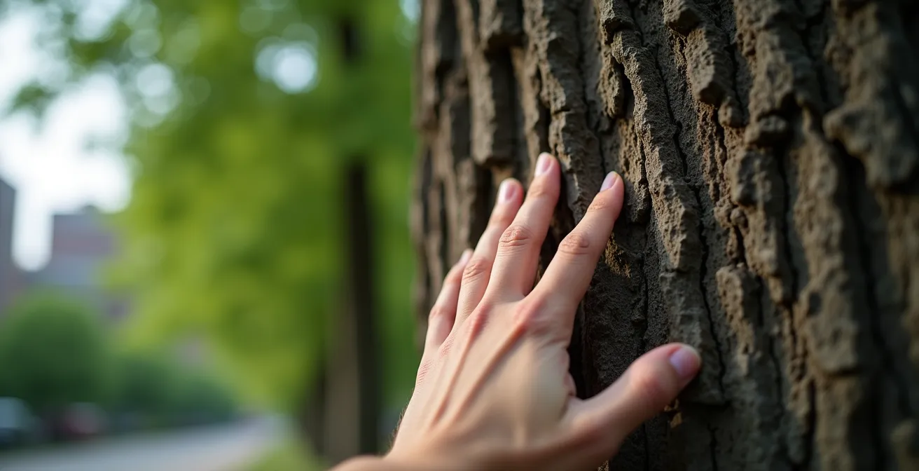 Personne pratiquant le shinrin-yoku dans un parc urbain de Montréal, touchant l'écorce d'un arbre centenaire