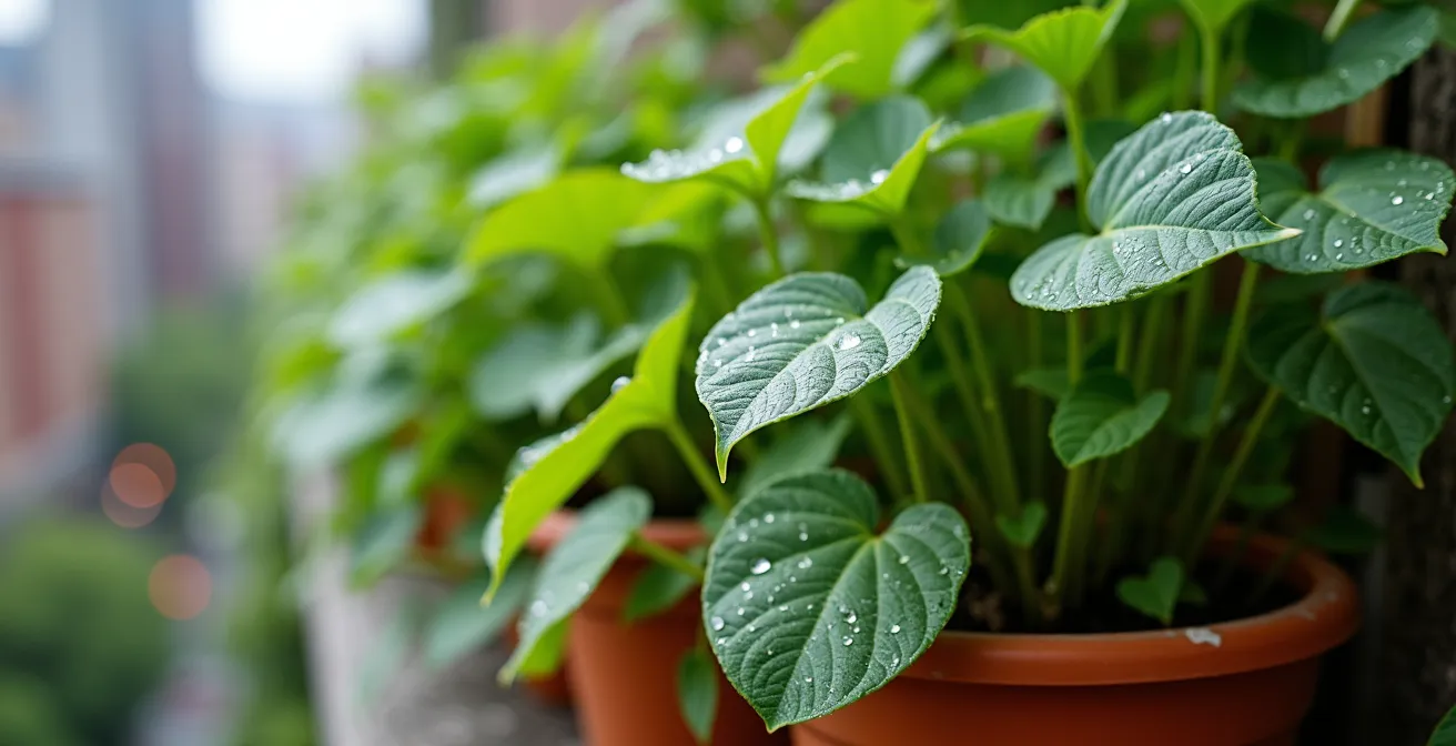 Balcon montréalais transformé en oasis verte avec plantes grimpantes et système d'arrosage artisanal