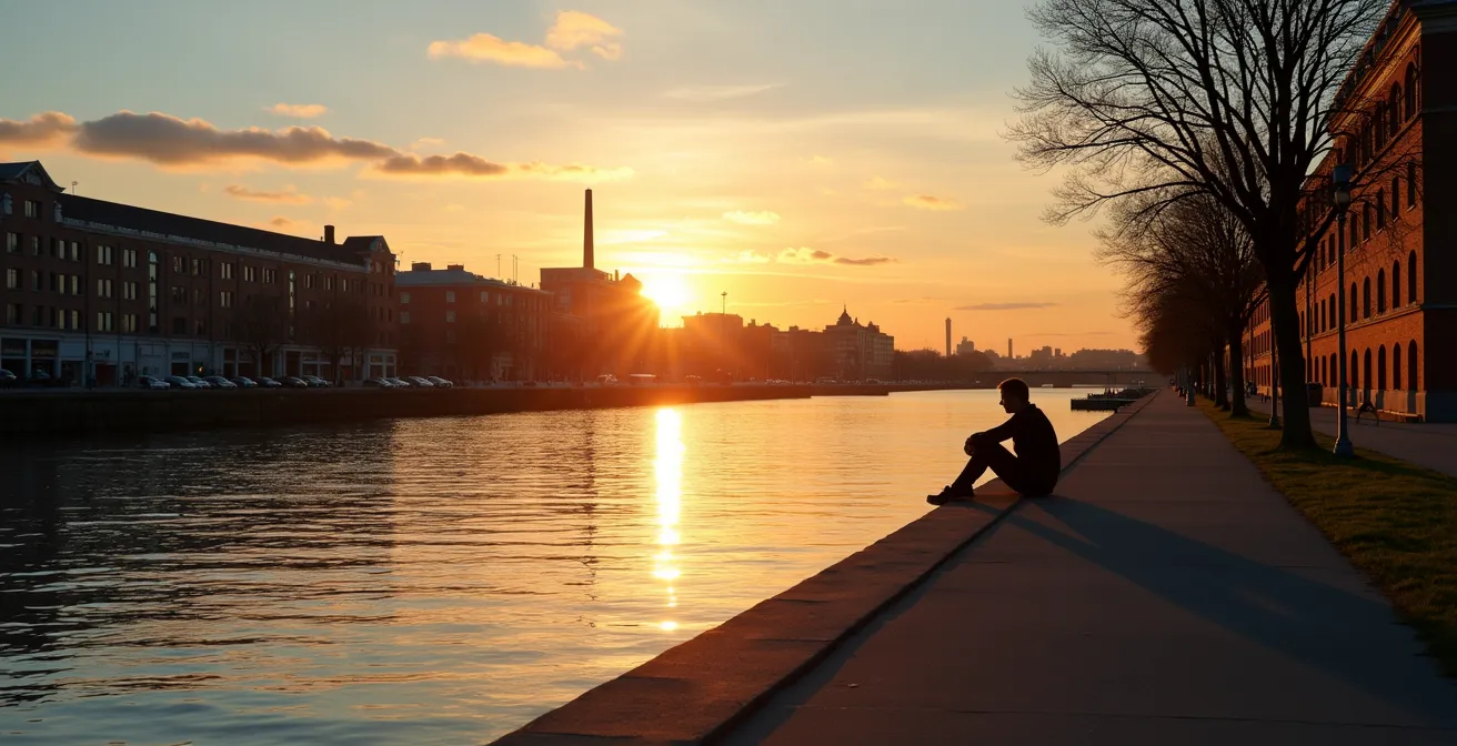 Vue apaisante du Canal de Lachine au coucher du soleil avec reflets dorés sur l'eau