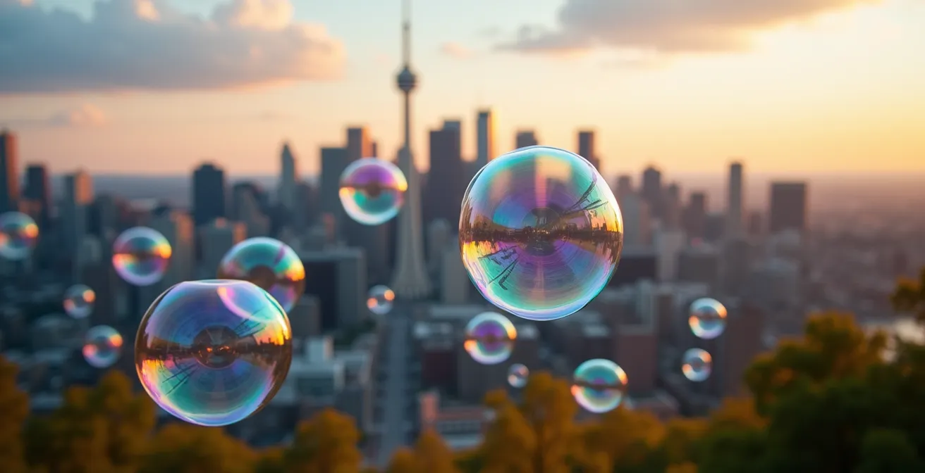Vue aérienne de Montréal avec des bulles transparentes symbolisant les filtres algorithmiques