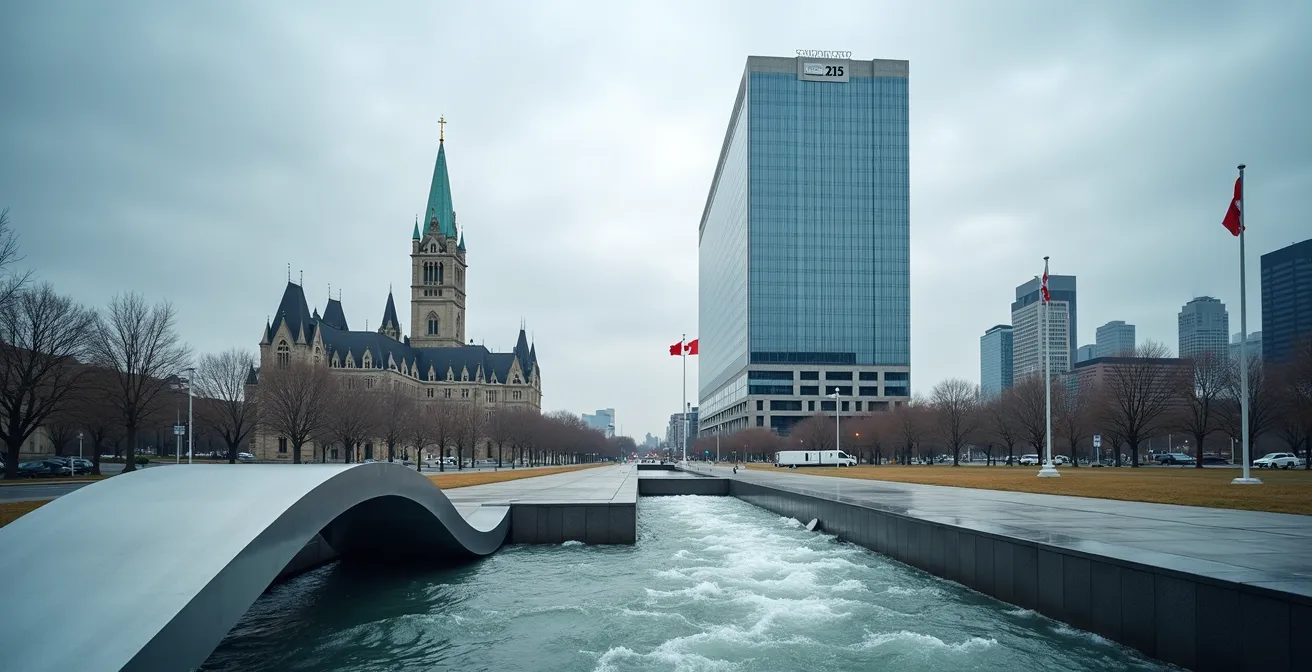 Vue extérieure symbolique d'un bâtiment institutionnel à Ottawa avec éléments économiques abstraits, représentant la Banque du Canada.