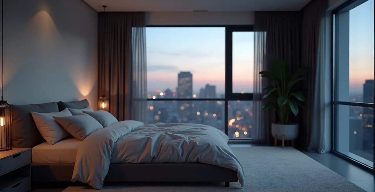 Vue large d'une chambre montréalaise épurée baignée dans une lumière douce du soir