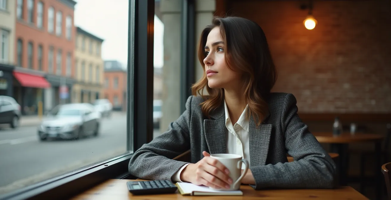 Jeune professionnelle montréalaise analysant ses options d'investissement dans un café du Mile-End
