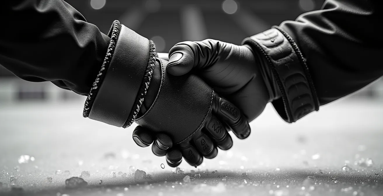 Gros plan macro sur des mains de joueurs se serrant après un combat sur la glace
