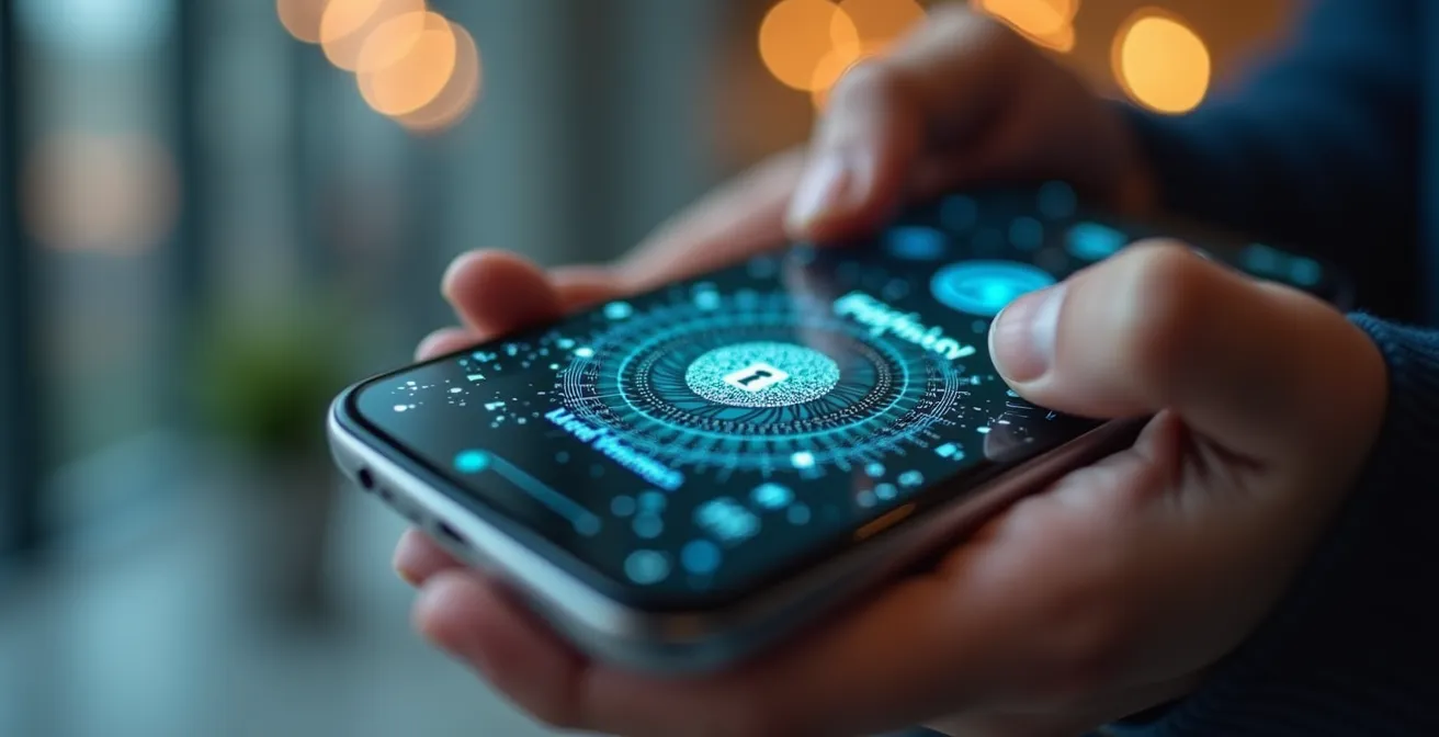 Gros plan sur un smartphone montrant une authentification à deux facteurs avec un cadenas holographique