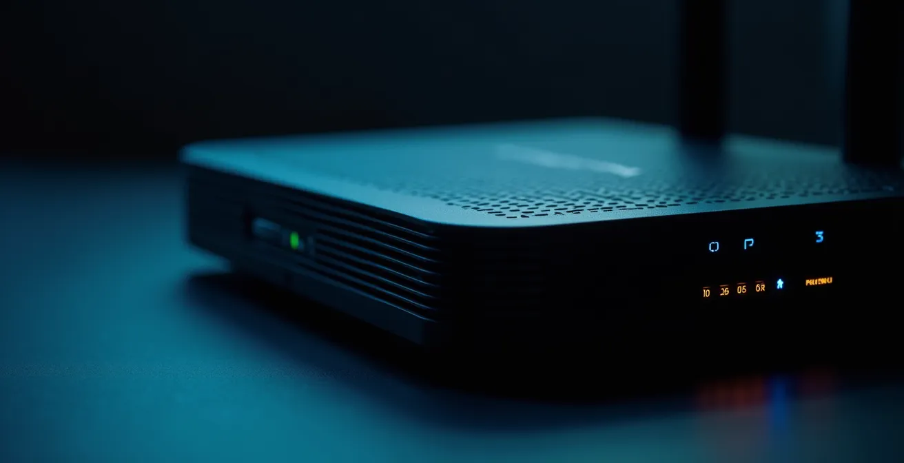 Gros plan sur un routeur Wi-Fi moderne avec indicateurs lumineux de sécurité