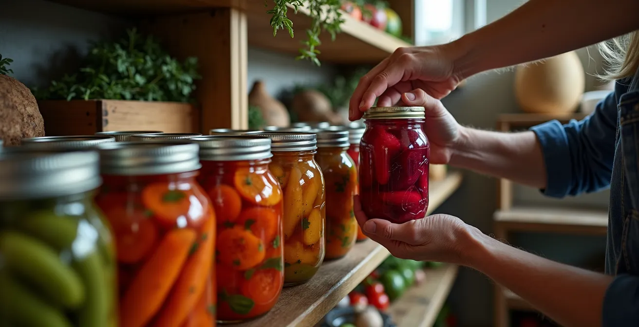 Cave à légumes traditionnelle québécoise avec bocaux de conserves et légumes racines