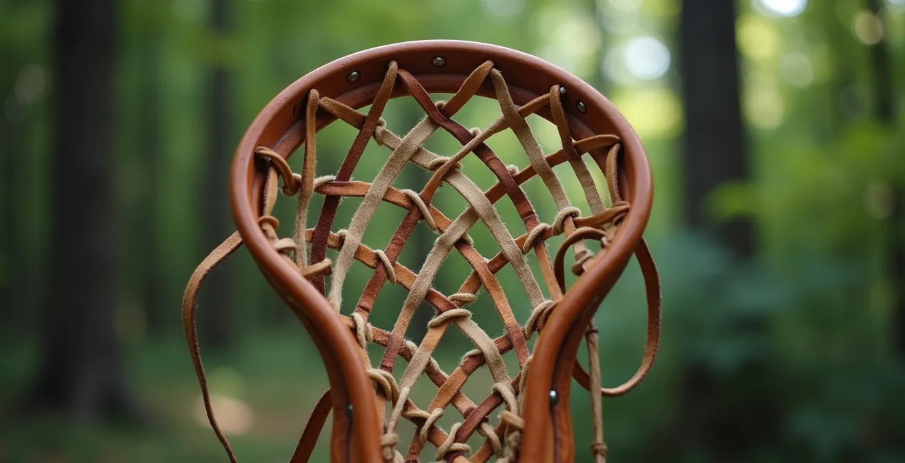 Bâtons de crosse traditionnels en bois sculpté évoquant l'héritage spirituel autochtone du jeu du Créateur