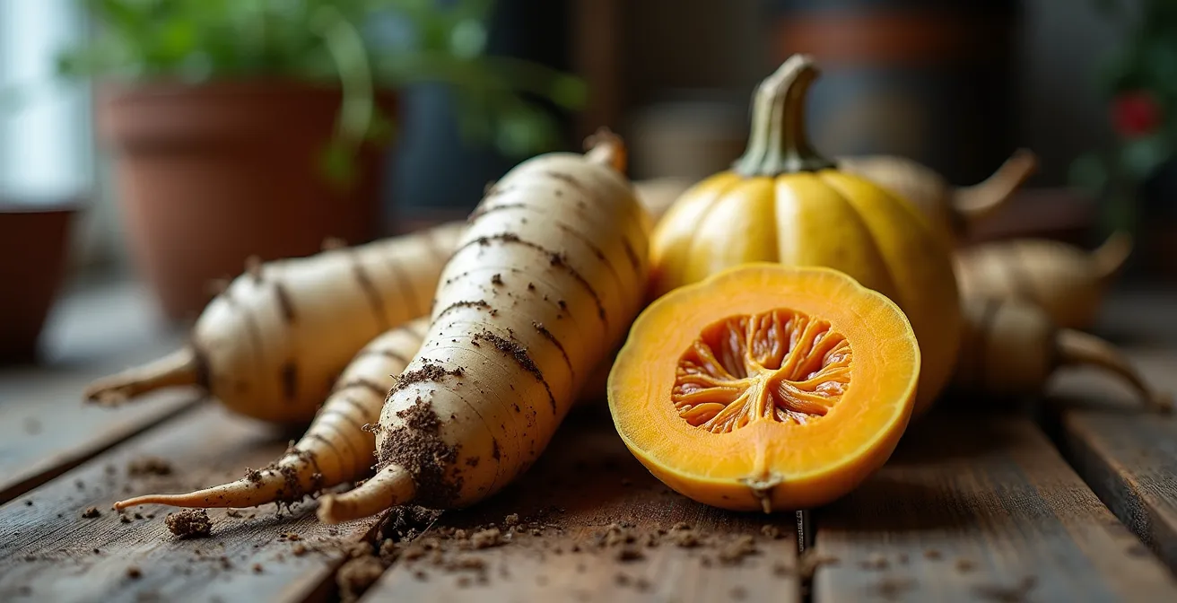 Gros plan sur des légumes racines du Québec disposés sur une planche de bois