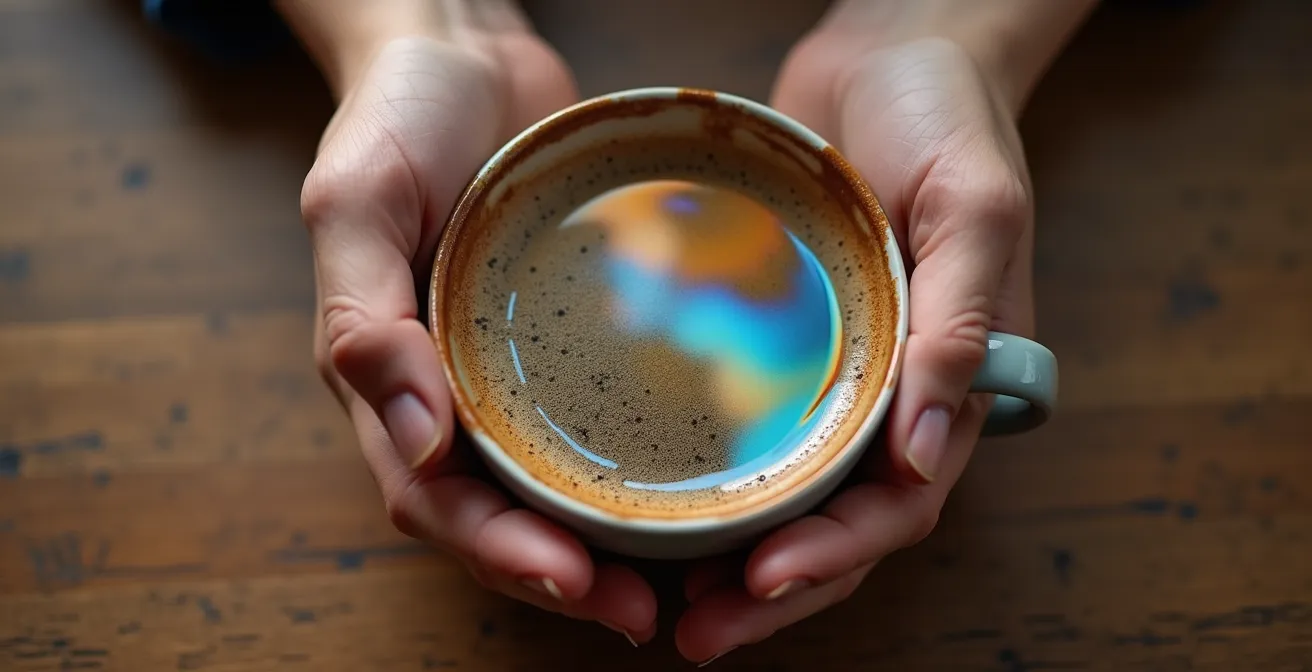 Gros plan sur des mains tenant délicatement une tasse de café avec reflet abstrait d'écrans flous