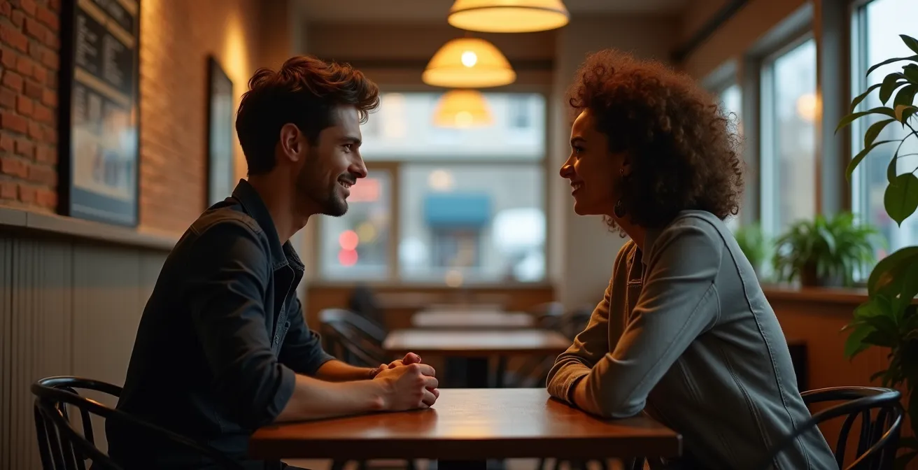 Deux personnes en conversation paisible dans un café montréalais