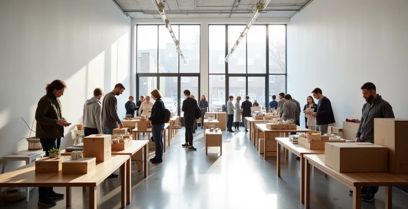 Scène d'échange communautaire dans un espace de partage montréalais avec des objets réutilisables