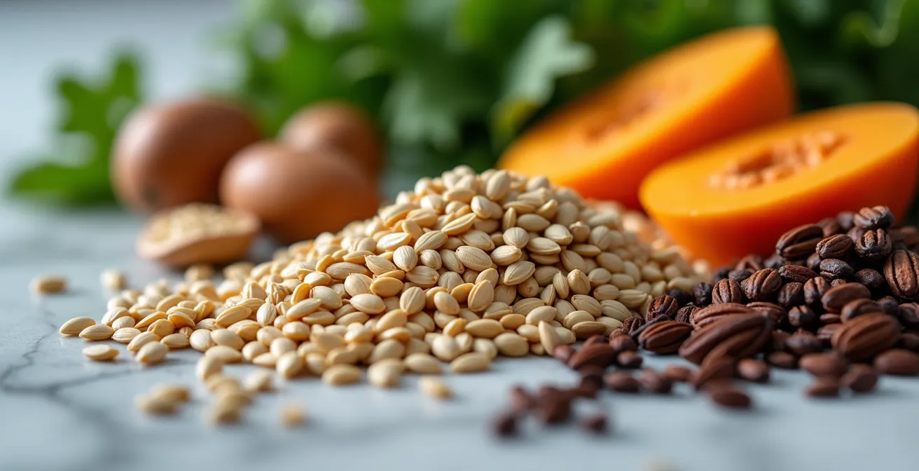 Assortiment d'aliments riches en phytoestrogènes et nutriments hormonaux sur surface de marbre