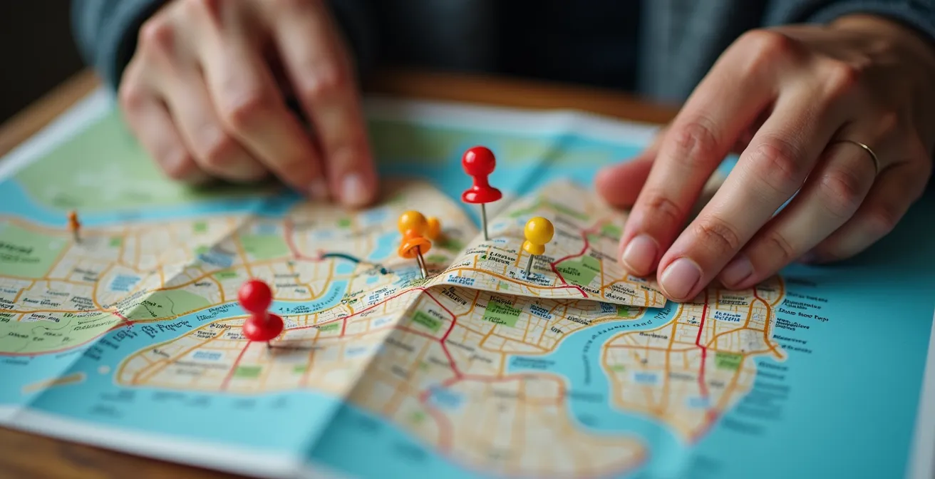 Macro détaillé d'une main tenant une carte touristique de Montréal avec des épingles