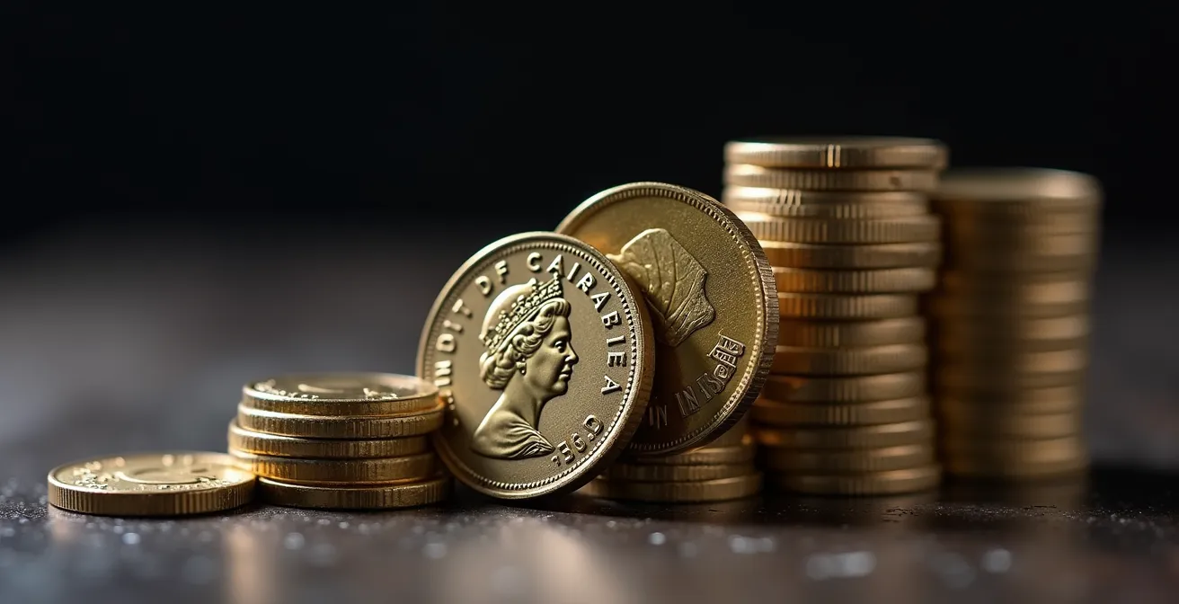 Vue macro de pièces de monnaie canadiennes empilées suggérant la croissance progressive