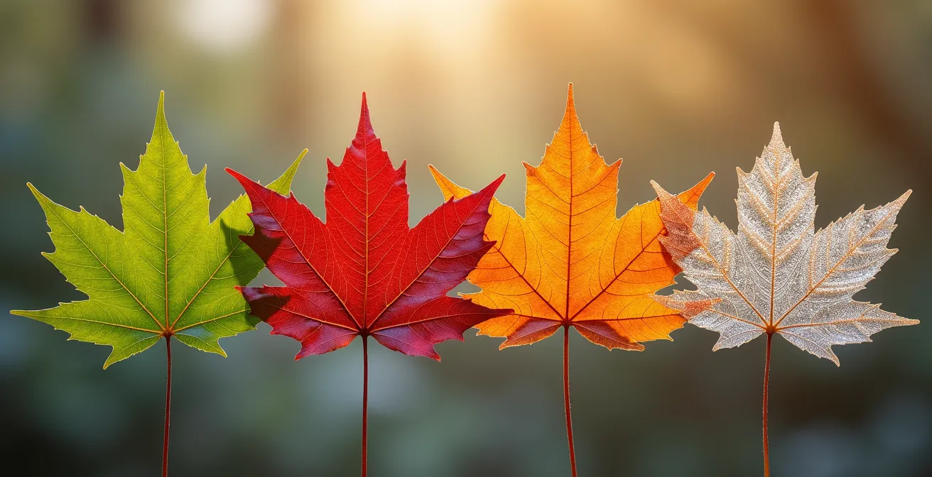Vue macro de feuilles d'érable montrant les quatre saisons en transition