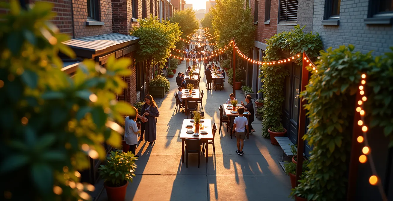 Vue en plongée d'une fête de quartier dans une ruelle verte montréalaise