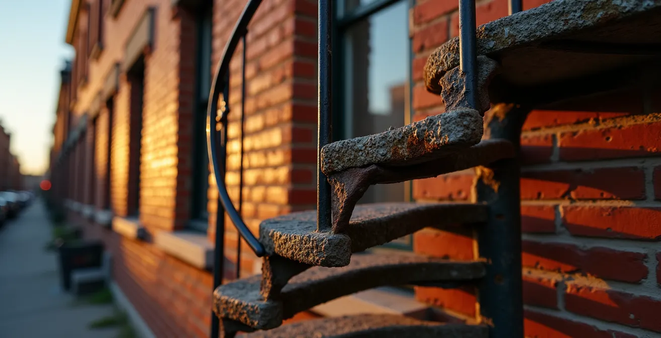 Vue rapprochée d'une façade de triplex typique de Montréal avec ses escaliers extérieurs caractéristiques