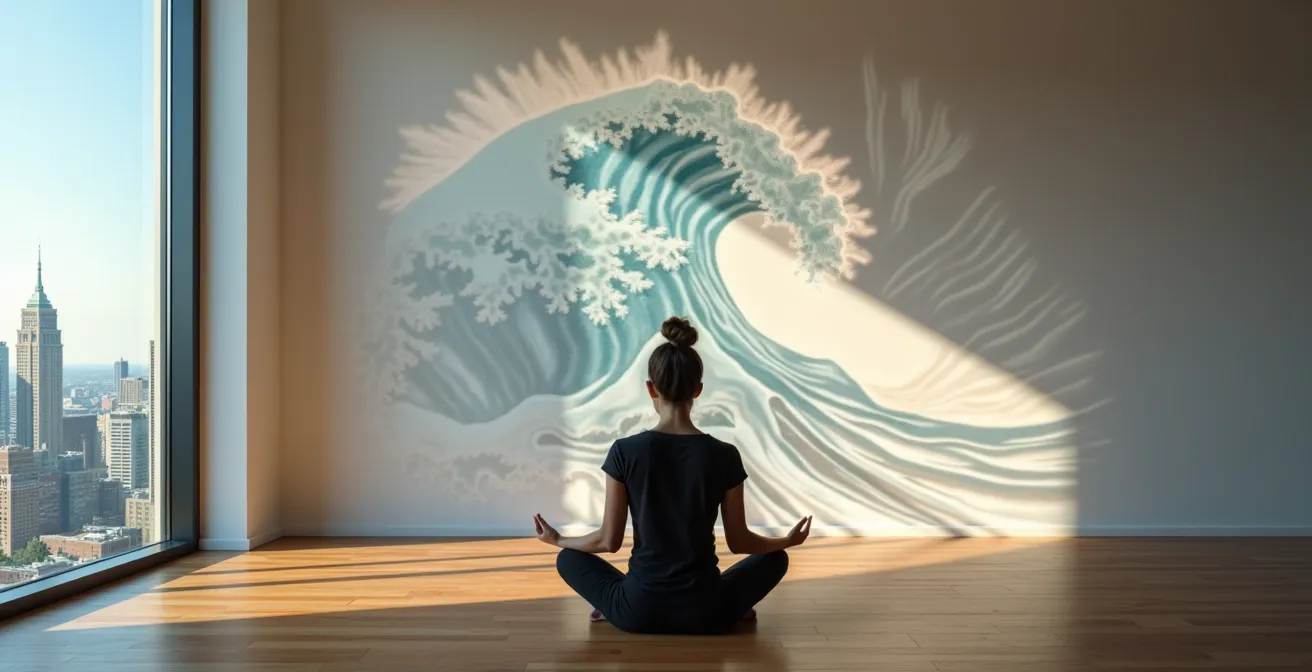 Personne calme méditant face à des vagues abstraites représentant la volatilité