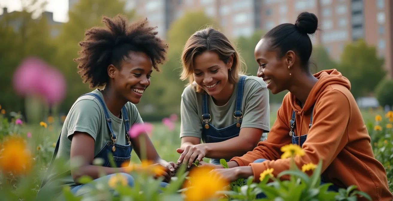 Jardin communautaire urbain florissant avec des citoyens de différents âges cultivant ensemble