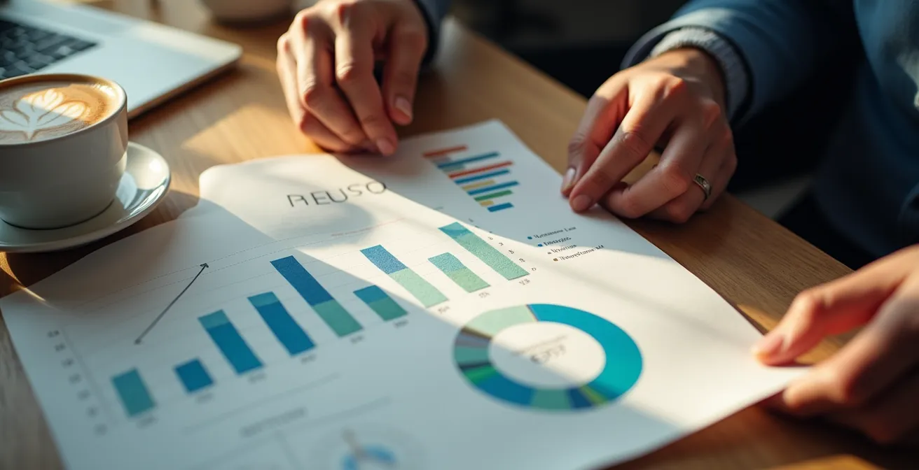 Mains tenant des documents financiers abstraits dans un bureau montréalais