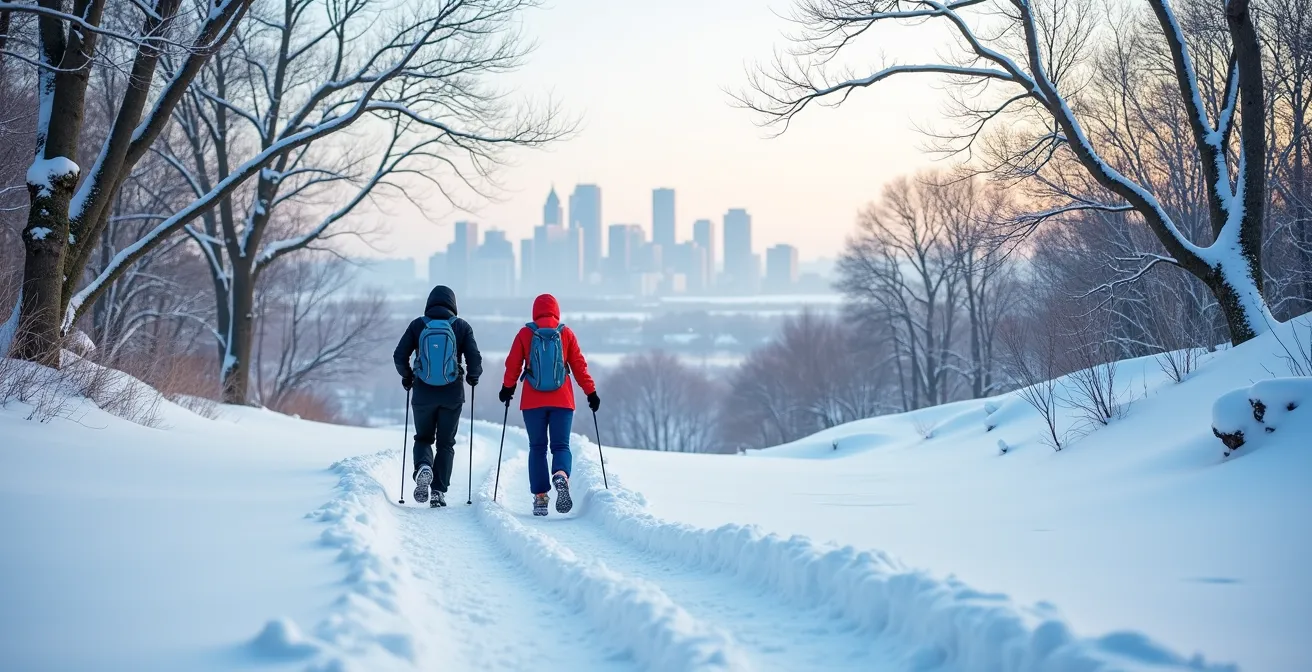 Randonneurs sur le Mont-Royal en hiver avec vue sur la ville enneigée