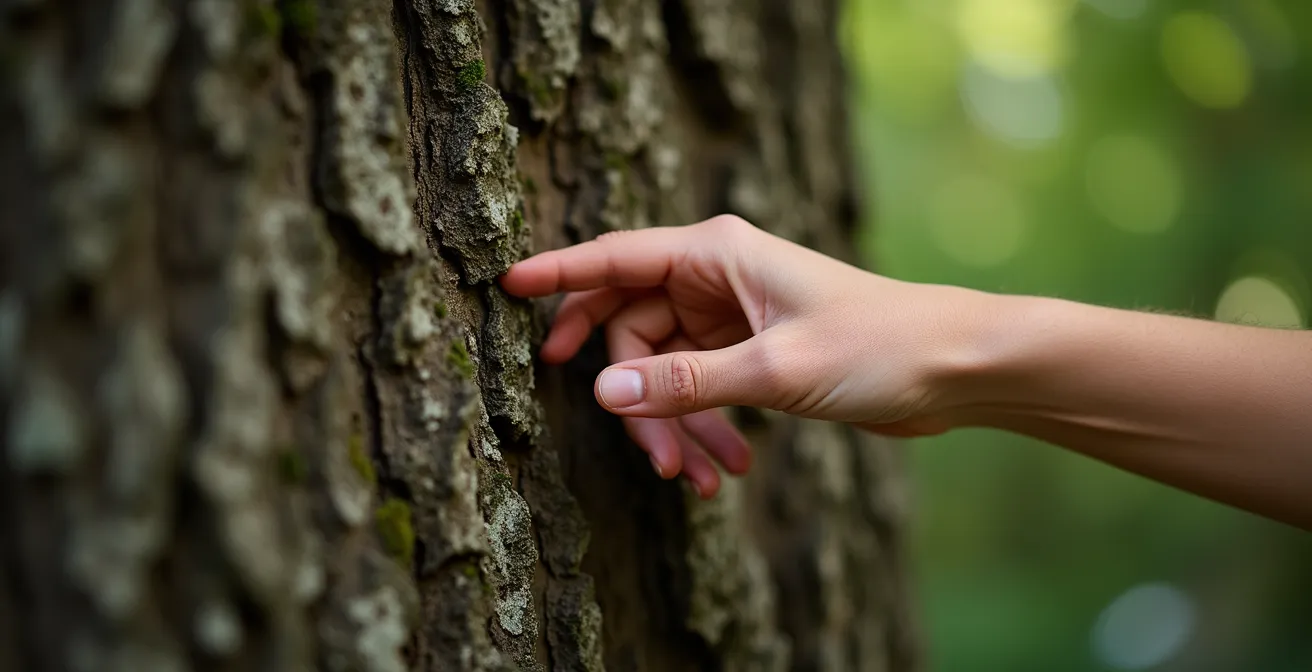 Gros plan sur une main touchant délicatement l'écorce d'un érable centenaire dans un parc de Montréal