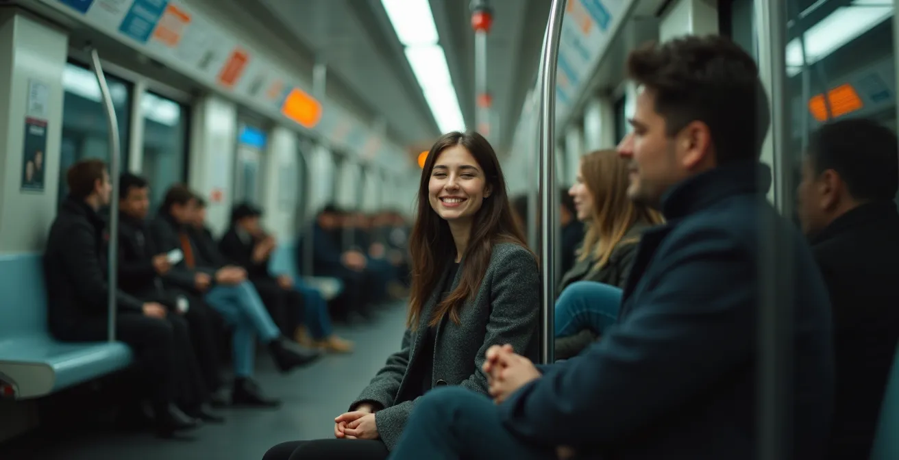 Personne pratiquant la respiration consciente dans le métro de Montréal