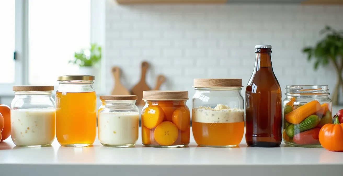Arrangement d'aliments fermentés incluant kombucha, kéfir et légumes lacto-fermentés dans des bocaux en verre