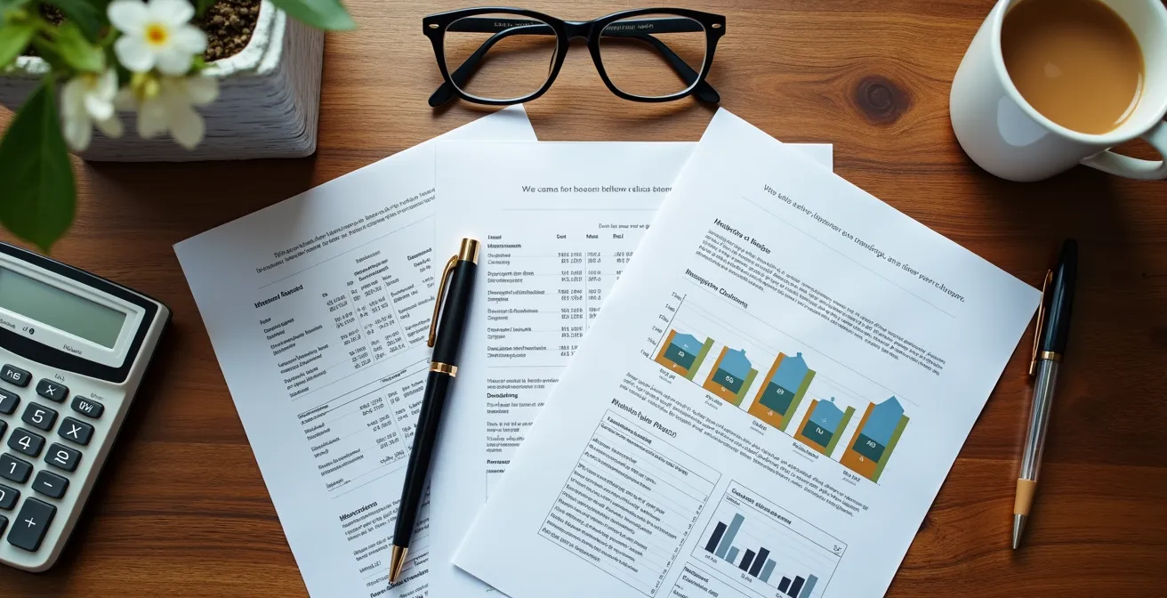Vue en plongée de documents de planification financière avec calculatrice et tasse de café