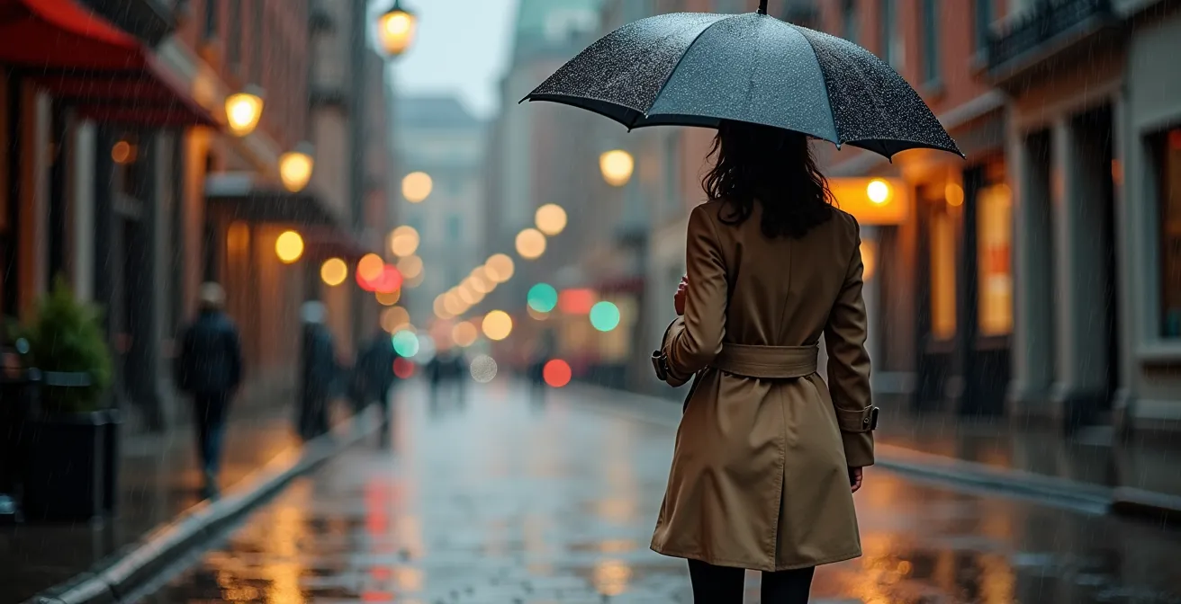 Personne avec parapluie robuste sous la pluie dans le Vieux-Montréal