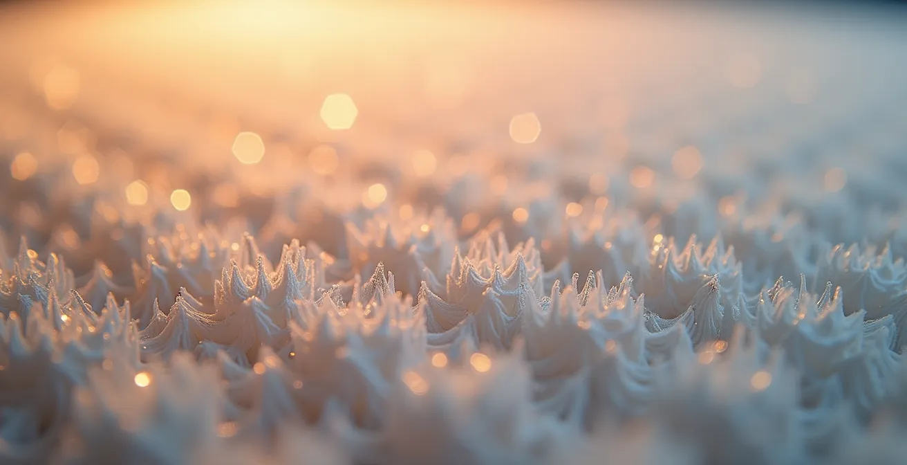 Détail macro d'un filtre d'échangeur d'air montrant les particules capturées
