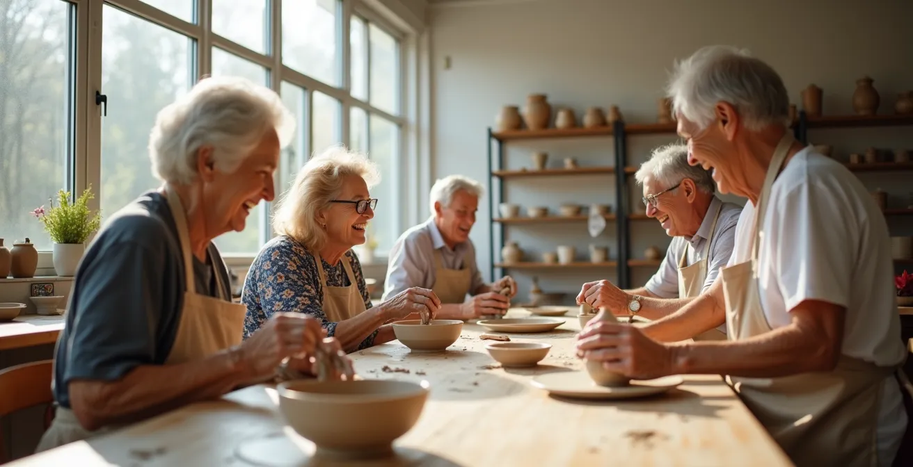Groupe de retraités participant à une activité de poterie dans un centre communautaire