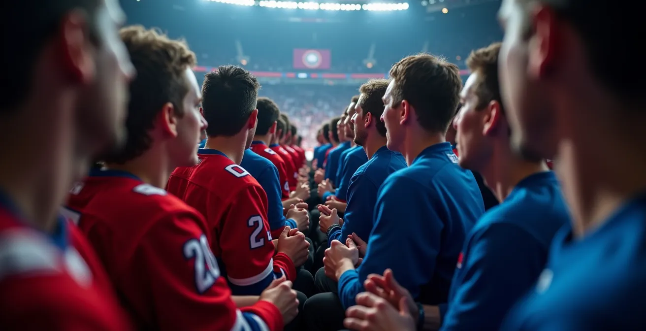 Deux groupes de partisans séparés par une ligne centrale dans un aréna, rouge d'un côté, bleu de l'autre