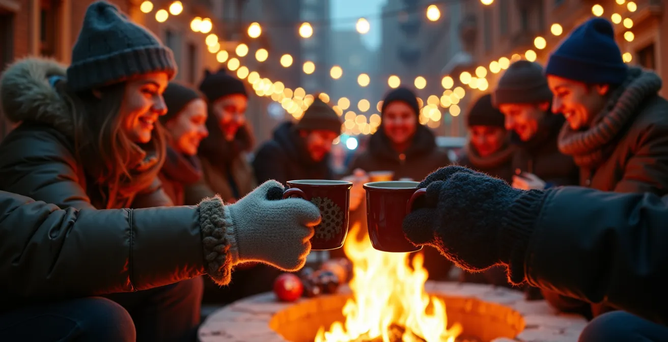 Vue d'une ruelle verte montréalaise transformée en espace hivernal convivial avec foyer extérieur