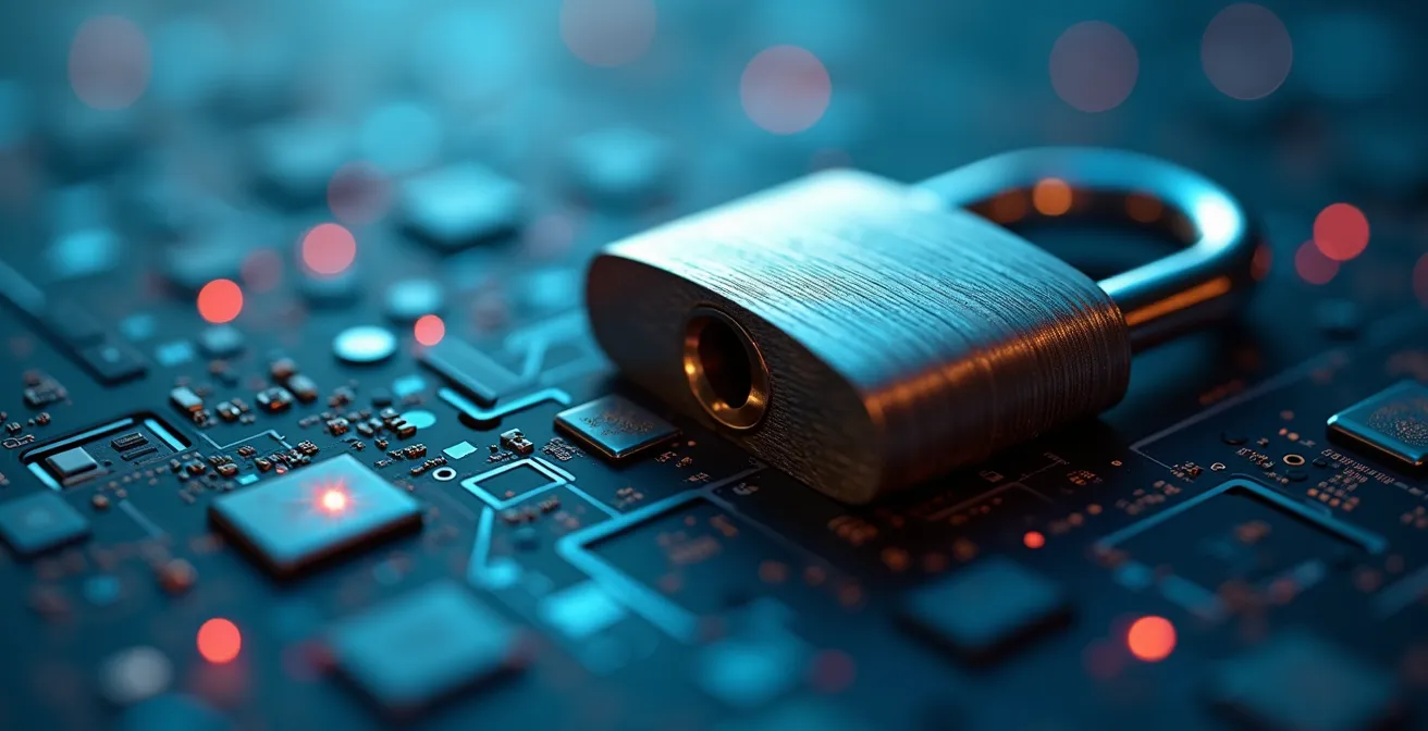 Macro photo d'une serrure numérique avec des reflets lumineux suggérant la protection des données.