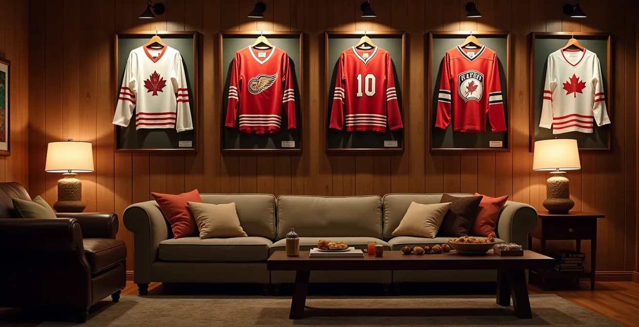 Salon canadien typique lors de la Soirée du hockey, atmosphère chaleureuse d'un rituel familial national